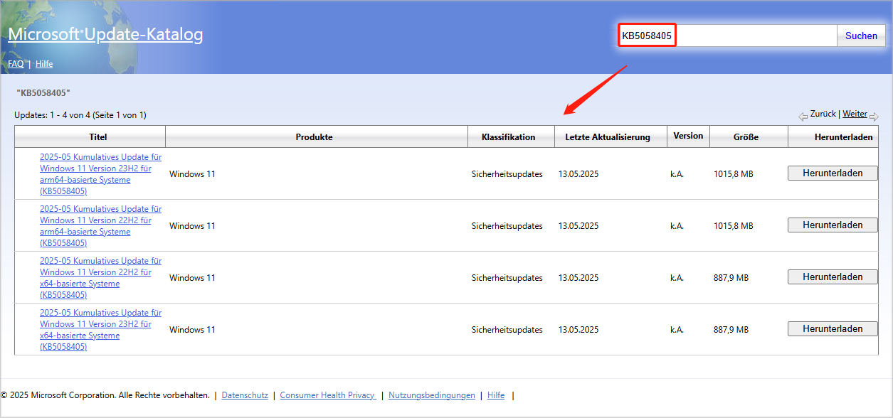 KB5058405 über den Microsoft Update-Katalog herunterladen