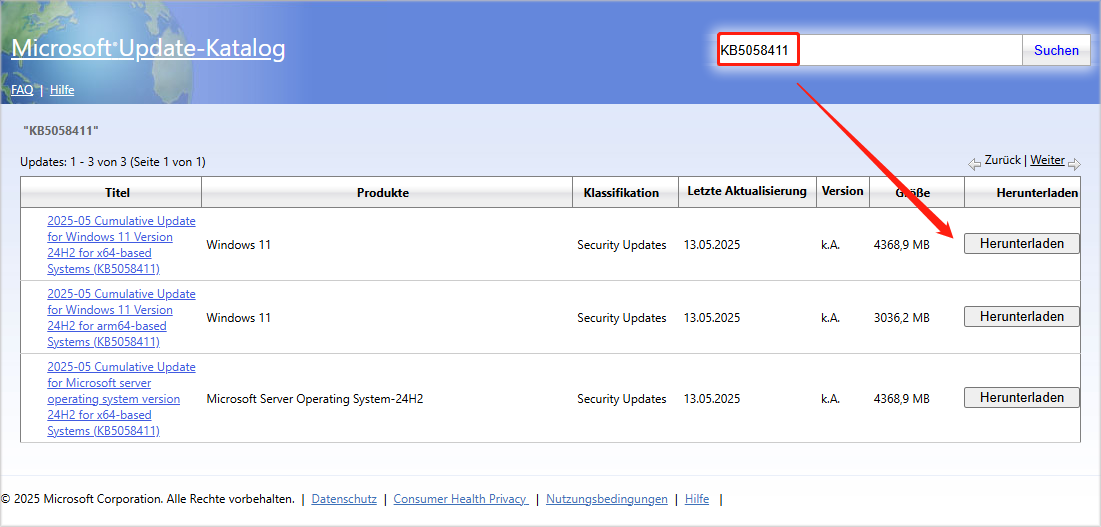 im Microsoft Update-Katalog nach KB5058411 suchen