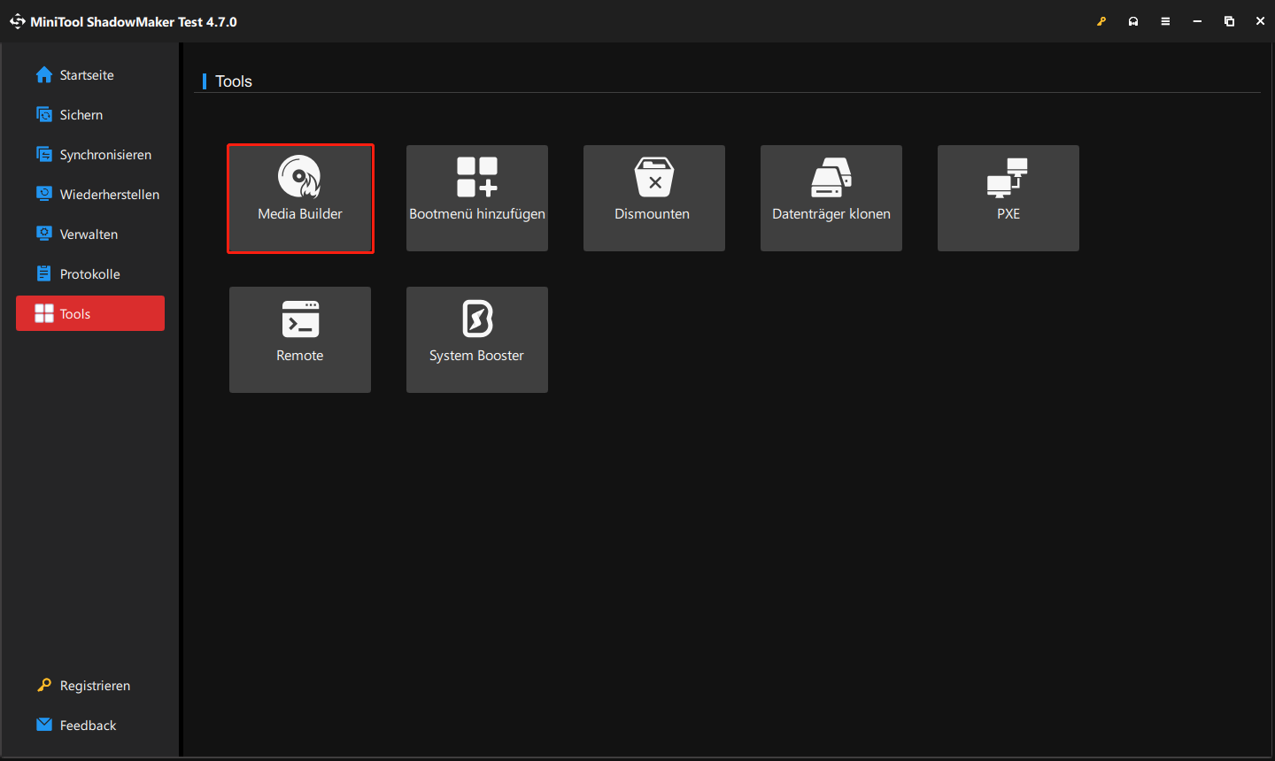 Zur Erstellung eines bootfähigen Mediums klicken Sie in MiniTool ShadowMaker auf „Media Builder“