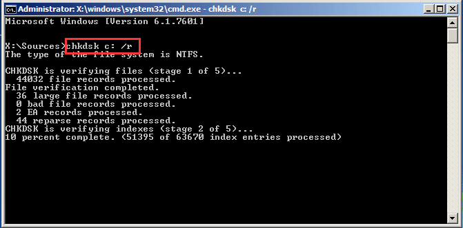chkdsk c: /r im Befehlsfenster ausführen