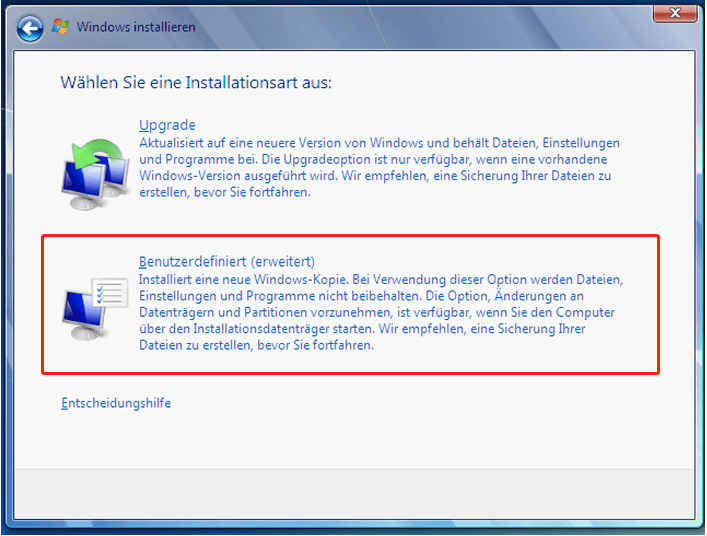 „Benutzerdefiniert“ als Installationsart auswählen