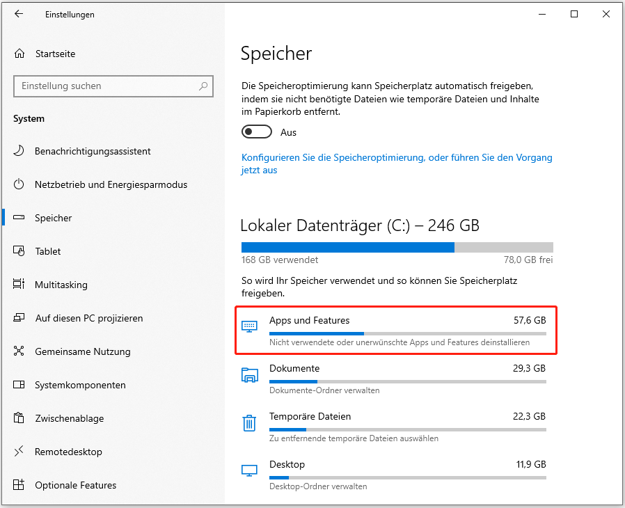 Überprüfen Sie die Speichernutzung von Apps und Features in den Einstellungen