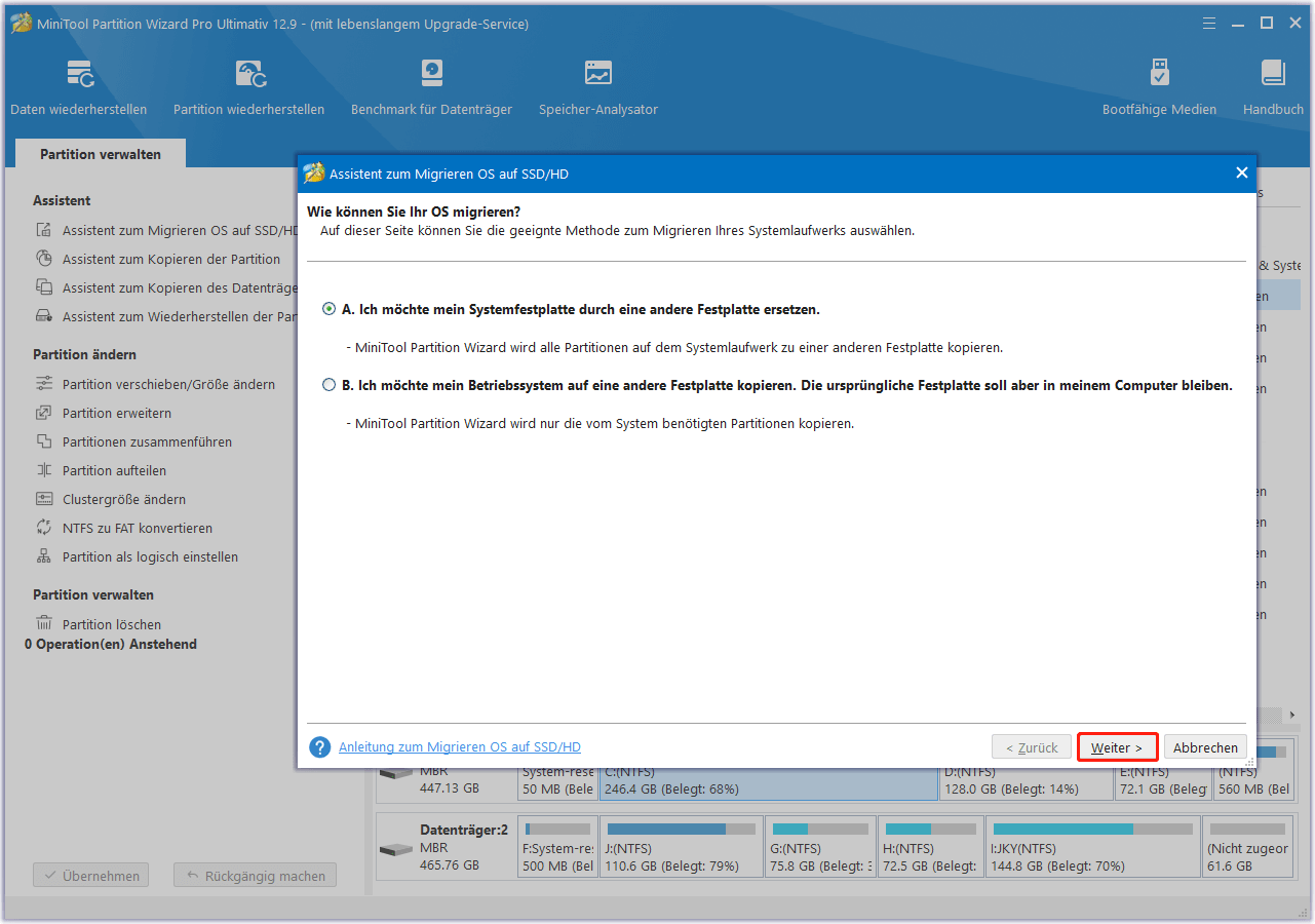 Klicken Sie auf Assistent zum Migrieren OS auf SSD/HD in Partition Manager