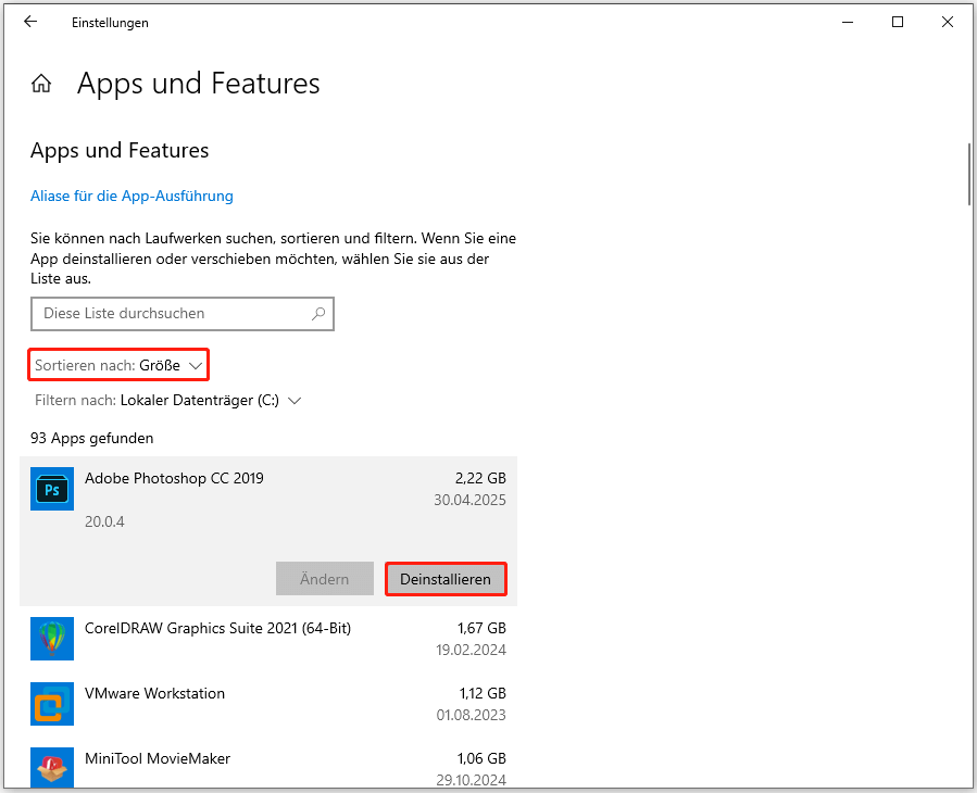 Deinstallation einer App mit großer Größe in den Einstellungen