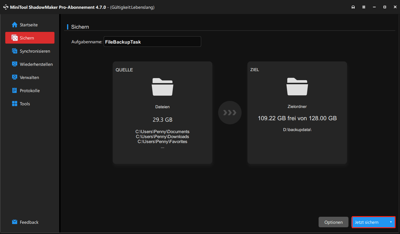 Sichern von Dateien mit MiniTool ShadowMaker