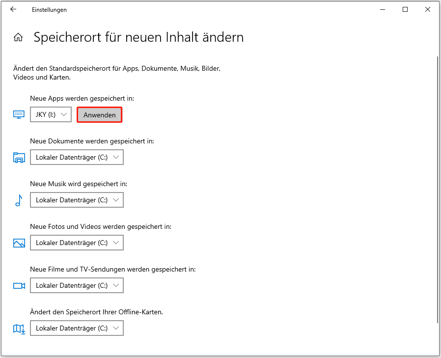 Speicherort für neue Anwendungen ändern