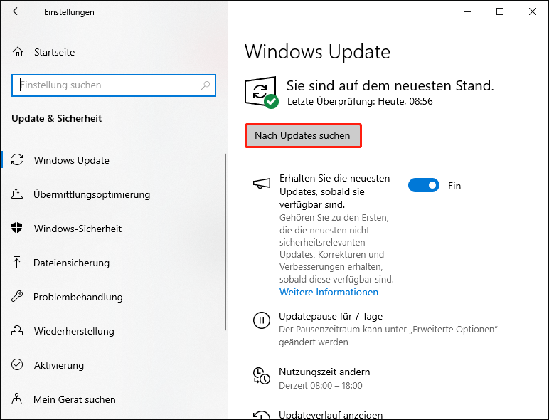 Klicken Sie auf die Schaltfläche „Nach Updates suchen“.