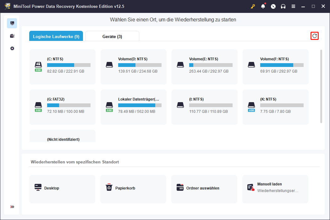 Klicken Sie auf die Schaltfläche „Aktualisieren“, um die SmartMedia-Karte in MiniTool Power Data Recovery anzuzeigen.