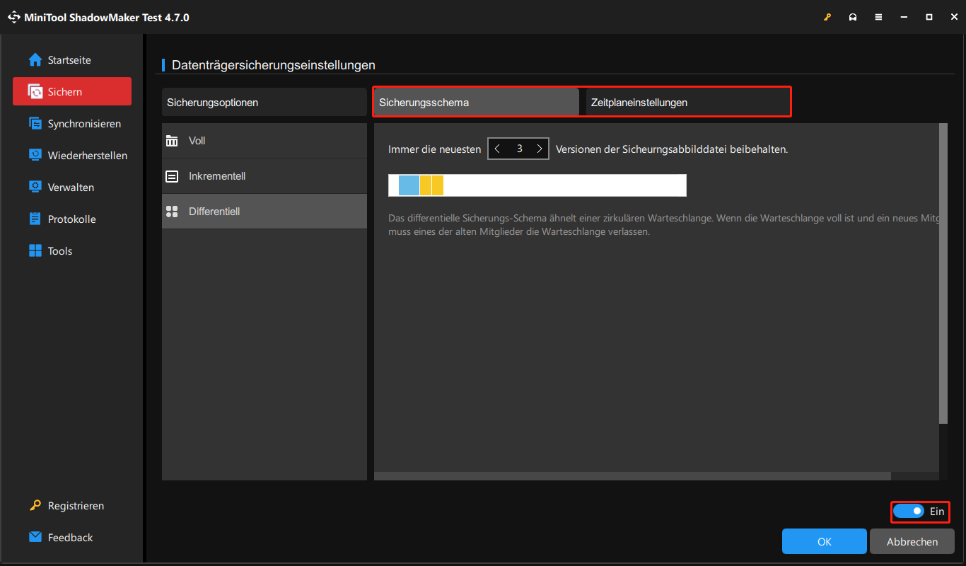 Aktivieren und konfigurieren Sie Sicherungsschemata und Zeitplaneinstellungen in MiniTool ShadowMaker