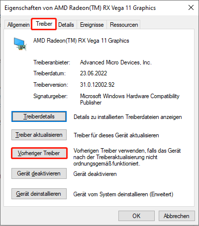 Wechseln Sie im neuen Fenster zur Registerkarte Treiber und klicken Sie auf Vorheriger Treiber.