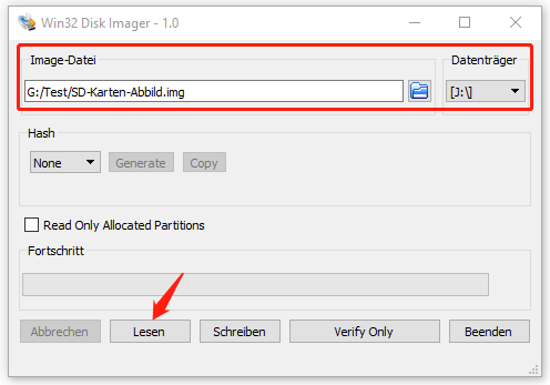 klicken Sie in Win32 Disk Imager auf „Lesen“, um mit der Erstellung eines SD-Karten-Abbildes zu beginnen