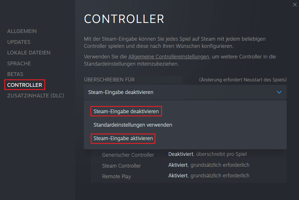 Steam-Eingabe in Steam deaktivieren oder aktivieren