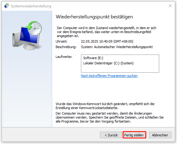 klicken Sie auf „Fertig stellen“, um die Auswahl eines Wiederherstellungspunkts zu bestätigen