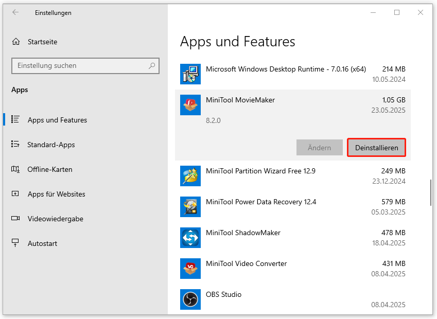 problematische App über die Windows-Einstellungen deinstallieren