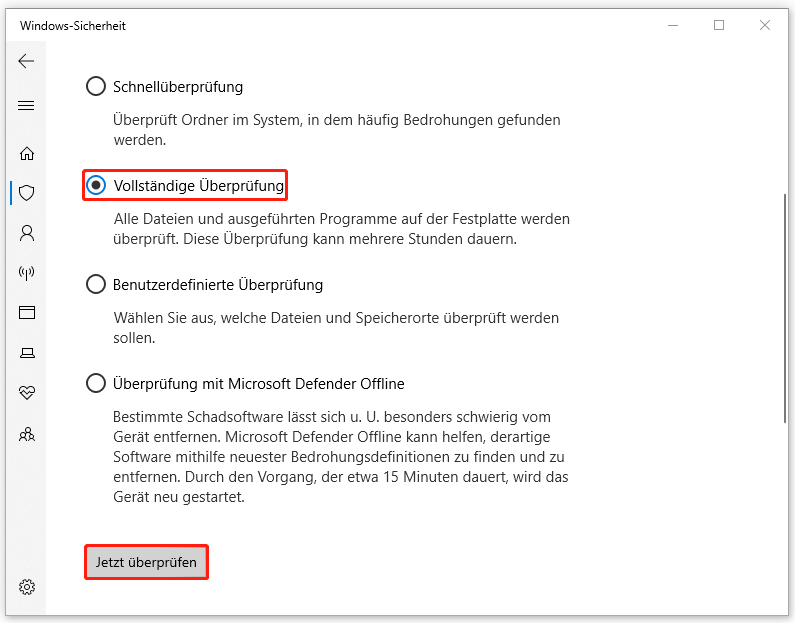 klicken Sie auf „Jetzt überprüfen“, um eine vollständige Überprüfung mit Windows Defender durchzuführen