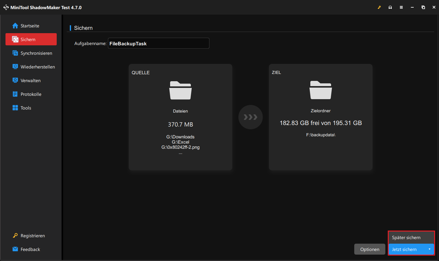 klicken Sie in MiniTool ShadowMaker auf „Jetzt sichern“, um das Backup sofort zu starten
