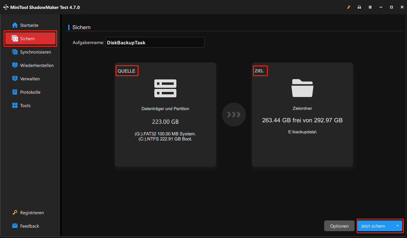 Die Hauptoberfläche des Tabs Sichern in MiniTool ShadowMaker