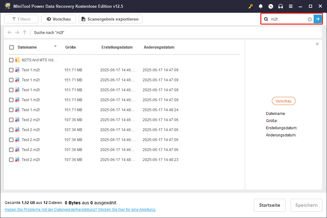 Verwenden Sie die Suchfunktion, um die M2T-Datei in MiniTool Power Data Recovery zu finden