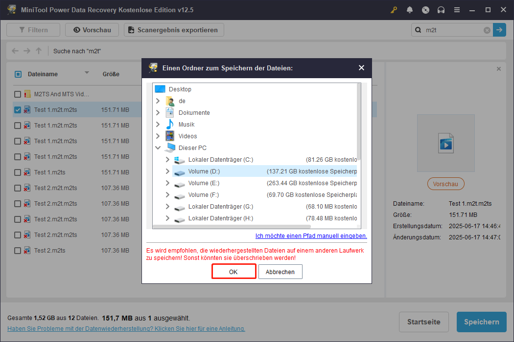 klicken Sie auf OK, um die wiederhergestellten M2T-Dateien über MiniTool Power Data Recovery zu speichern