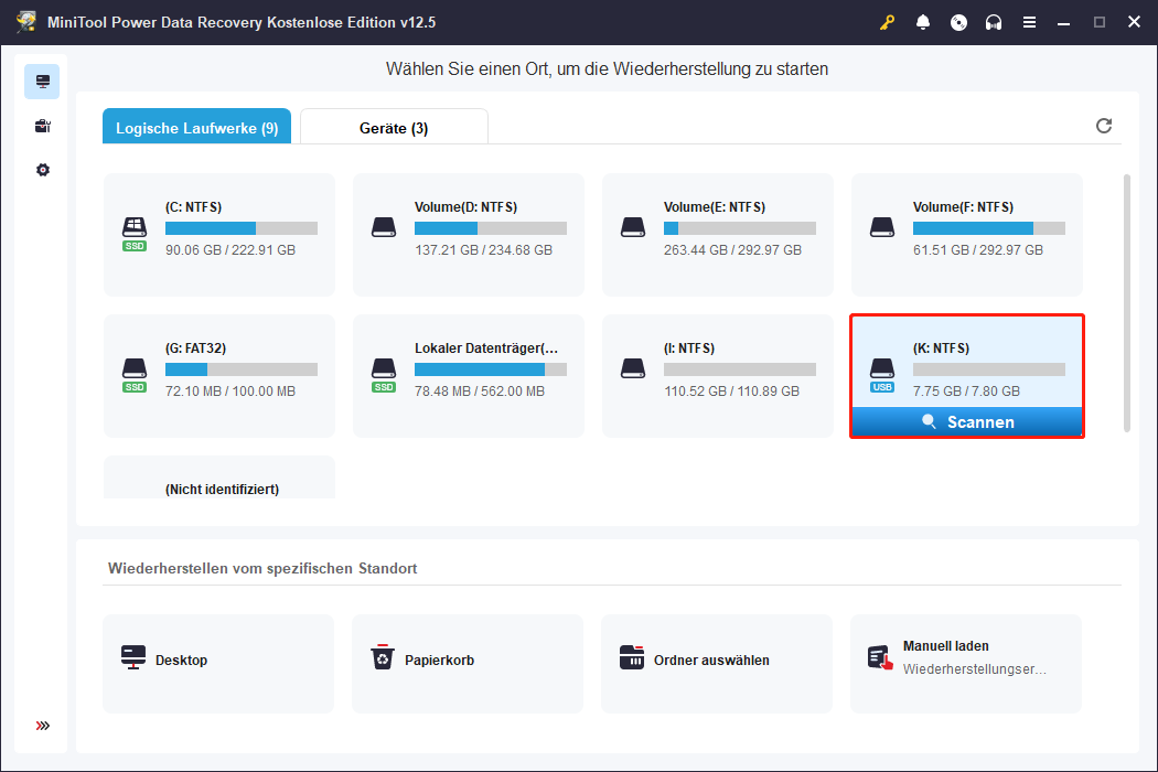 Partition zum Scannen in MiniTool Power Data Recovery auswählen
