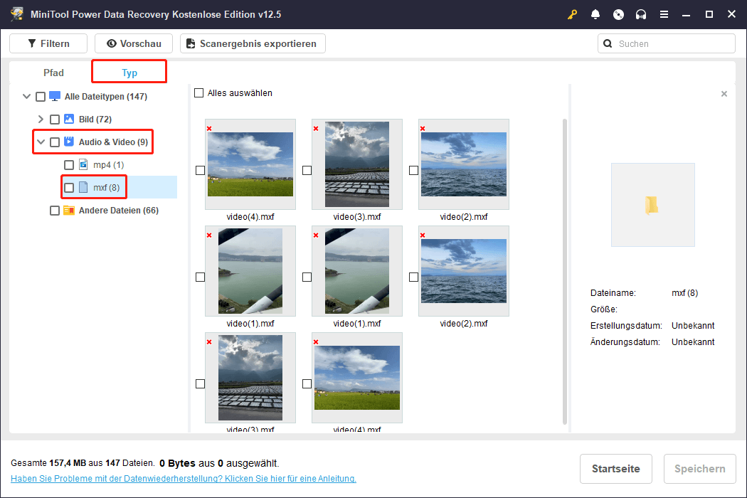 Alle MXF-Videos unter Typ in MiniTool Power Data Recovery finden