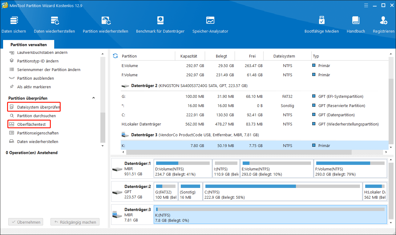 Funktionen Oberflächentest und Dateisystem prüfen in MiniTool Partition Wizard