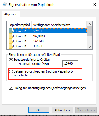 Papierkorb in den Eigenschaften nicht umgehen