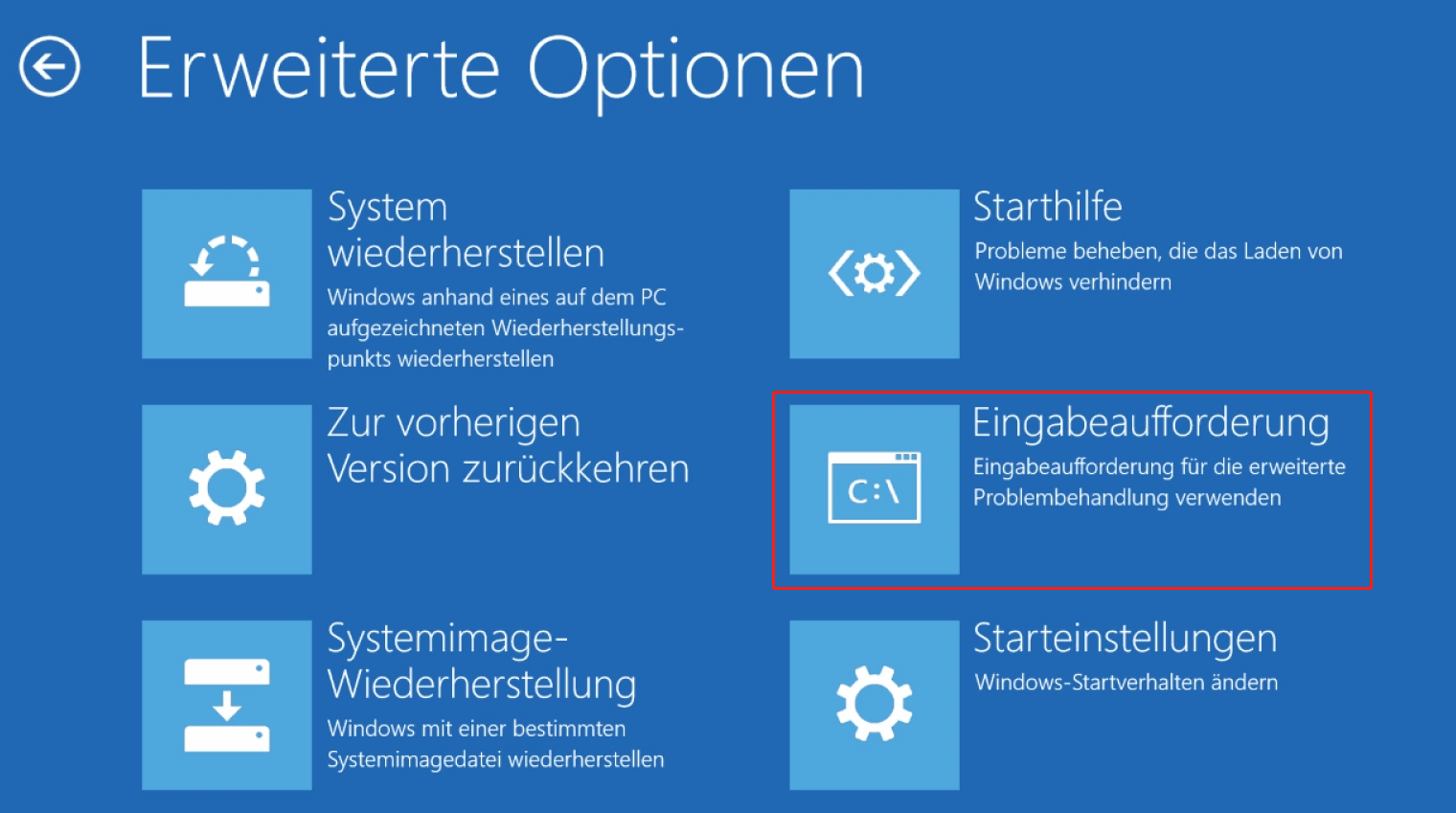 Eingabeaufforderung im Computerreparaturoptionen öffnen