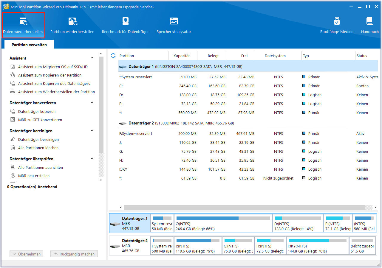 Datenwiederherstellung in MiniTool Partition Wizard wählen