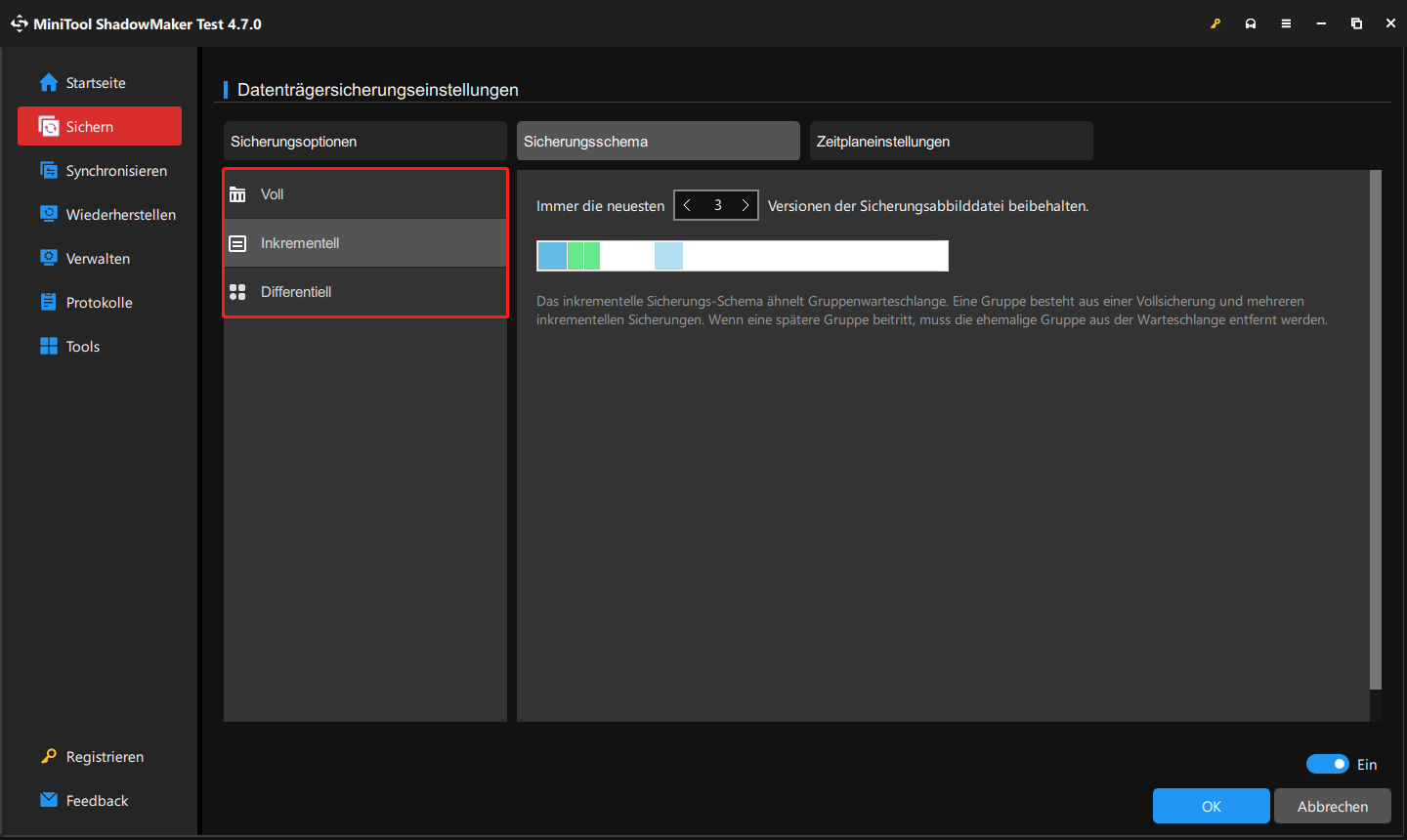 drei verfügbare Sicherungsschemata in MiniTool ShadowMaker