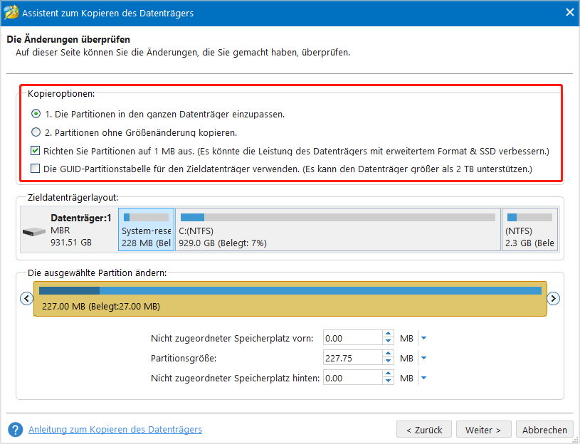 Einführung in die vier Kopieroptionen im Fenster „Assistent zum Kopieren des Datenträgers“