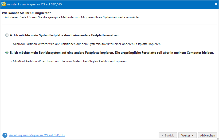 zwei Option im Fenster „Assistent zum Migrieren OS auf SSD/HD“