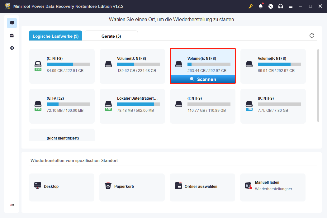 Wählen Sie einen Ort zum Scannen über MiniTool Power Data Recovery