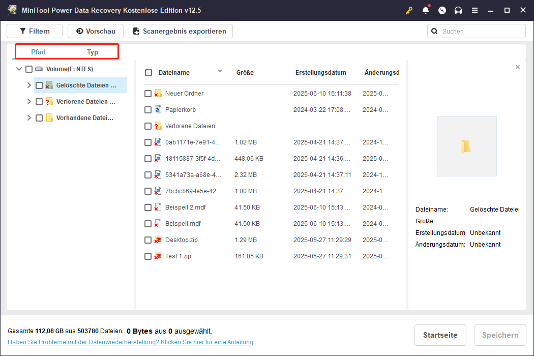 Verwenden Sie die Funktionen "Pfad" und "Typ", um die MDF-Datei in MiniTool Power Data Recovery zu finden
