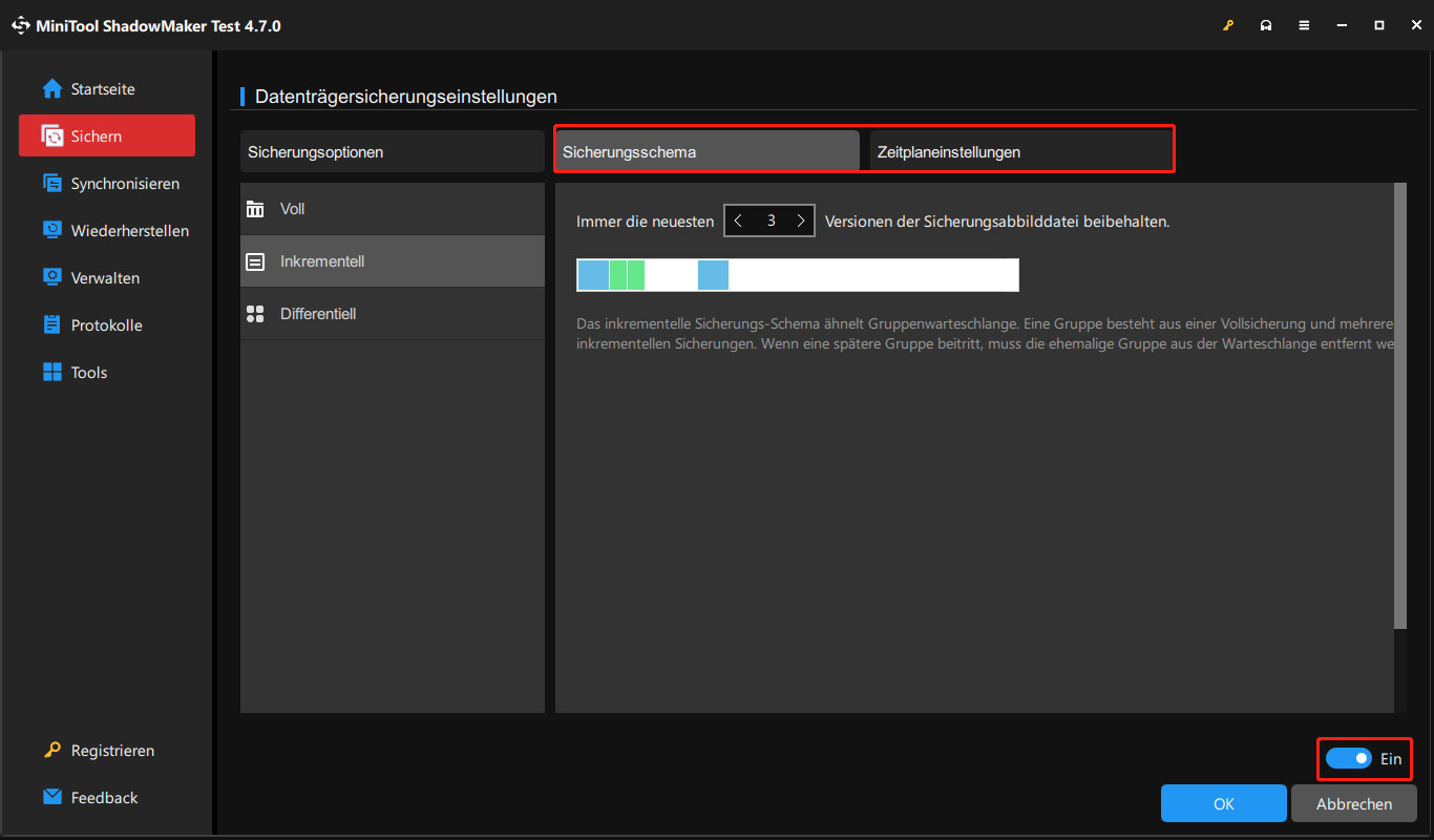 Aktivieren und konfigurieren Sie die Backup-Schemata und Planungseinstellungen in MiniTool ShadowMaker