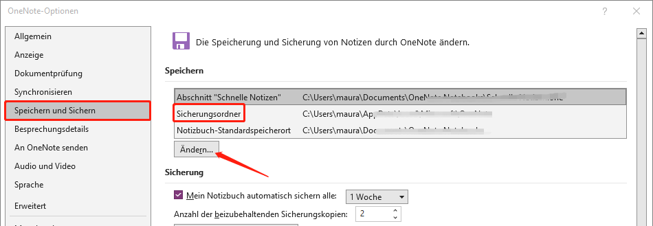 Standardort des Sicherungsordners im Fenster „OneNote-Optionen“ ändern