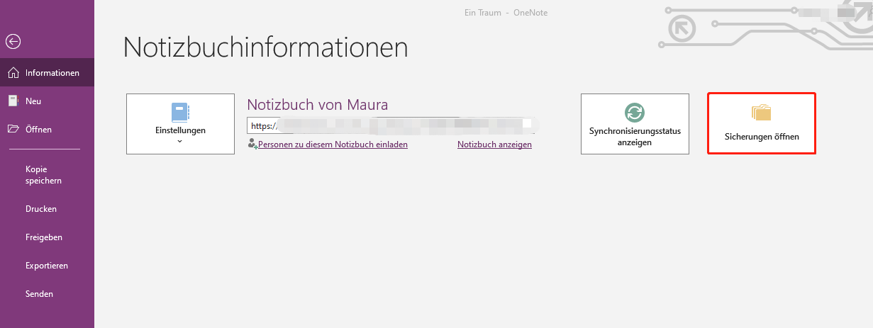 klicken Sie in OneNote auf „Informationen“ und dann auf „Sicherungen öffnen“