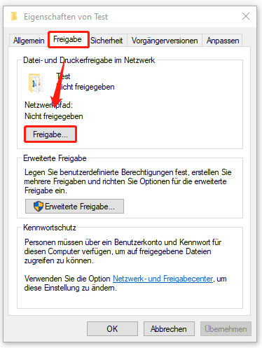 zum Aktivieren der Freigabe klicken auf der Registerkarte „Freigabe“ auf die Schaltfläche „Freigabe…“