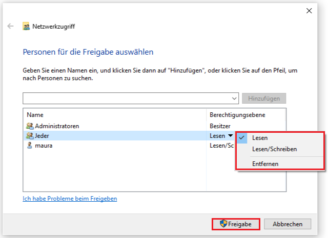 Berechtigungsebene bestätigen und auf „Freigabe“ klicken