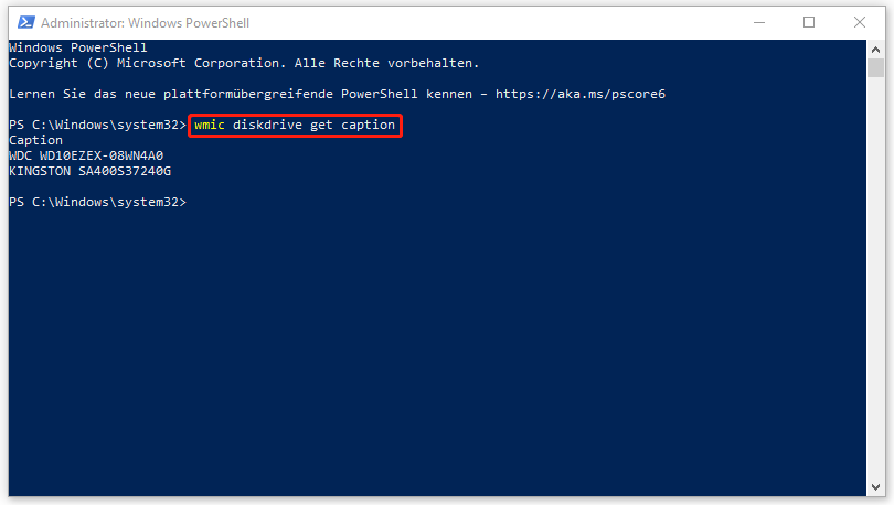 Zur Anzeige der Modellnummer der SSD führen Sie den Befehl „wmic diskdrive get caption“ in Windows PowerShell aus
