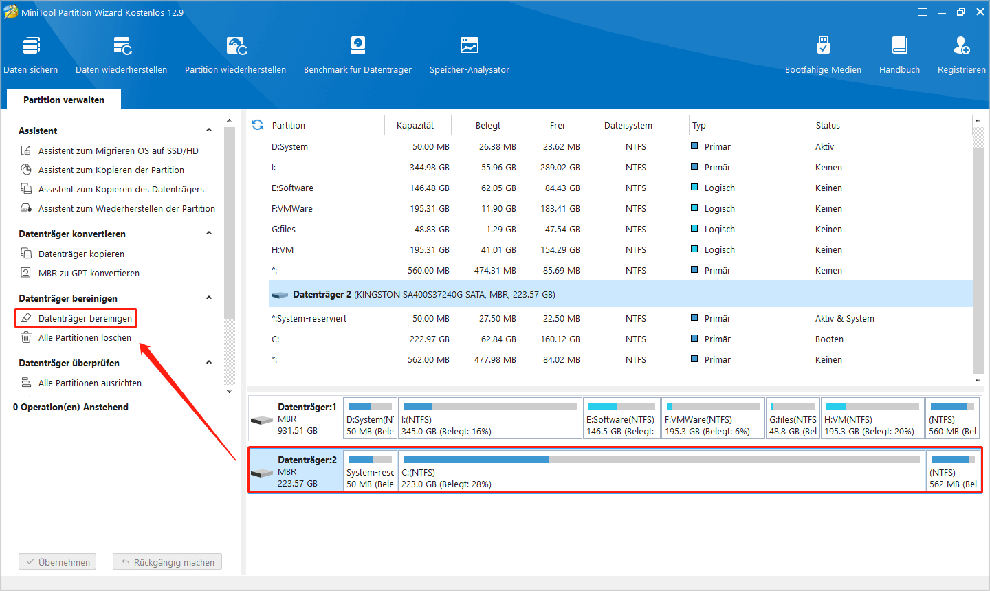 angeschlossene SSD zur Bereinigung in MiniTool Partition Wizard auswählen