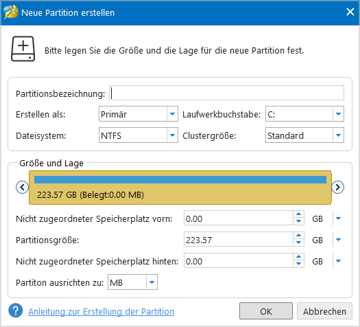 eine neue Partition auf der bereinigten SSD mit MiniTool Partition Wizard erstellen und mehrere Partitionsparameter wie Bezeichnung, Dateisystem, Größe usw. festlegen