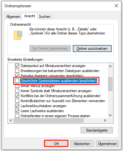 Versteckte geschützte Betriebsystemsdateien anzeigen