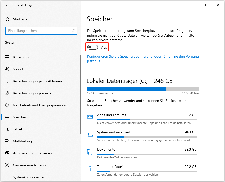 Die Option Speicheroptimierung einschalten