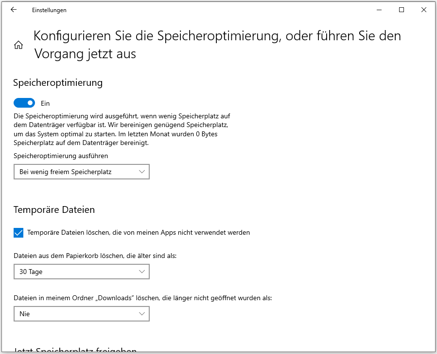 Storage Sense konfigurieren oder jetzt ausführen