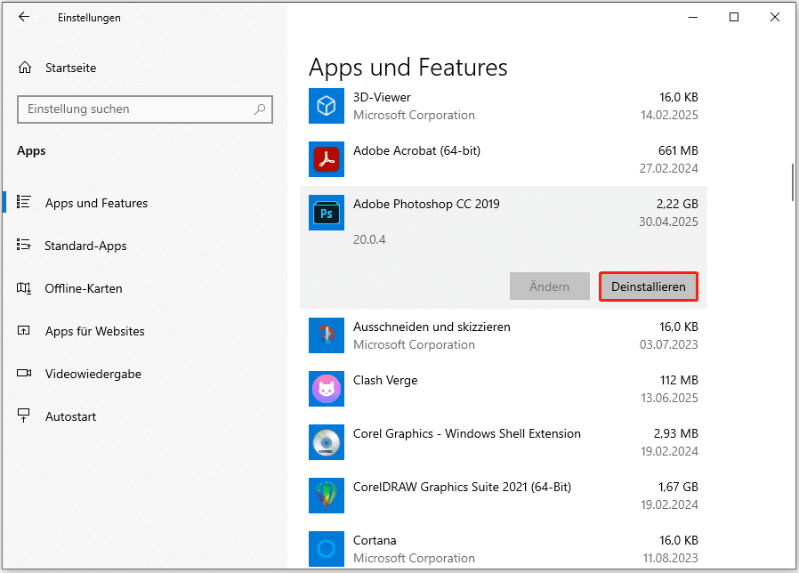 Deinstallation von Programmen unter Windows 10