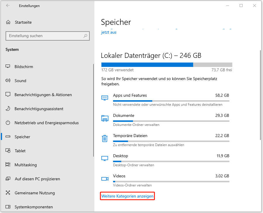 Klicken Sie auf Weitere Kategorien anzeigen unter Speicher