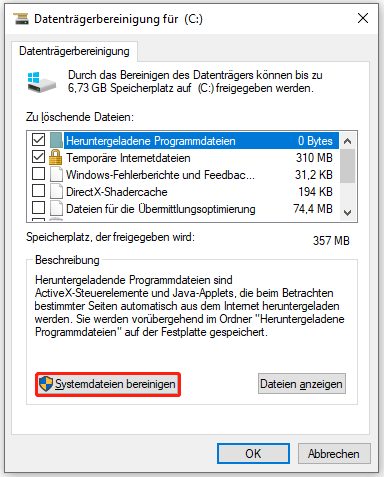 Klicken Sie auf Systemdateien bereinigen