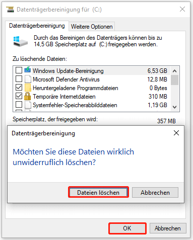Datenträgerbereinigung ausführen, um Systemdateien zu löschen
