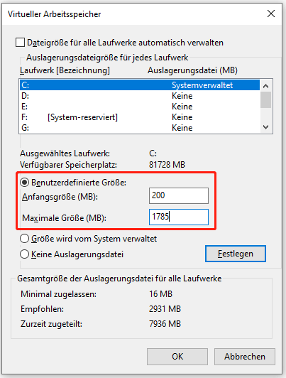 Anpassen der Größe des virtuellen Speichers